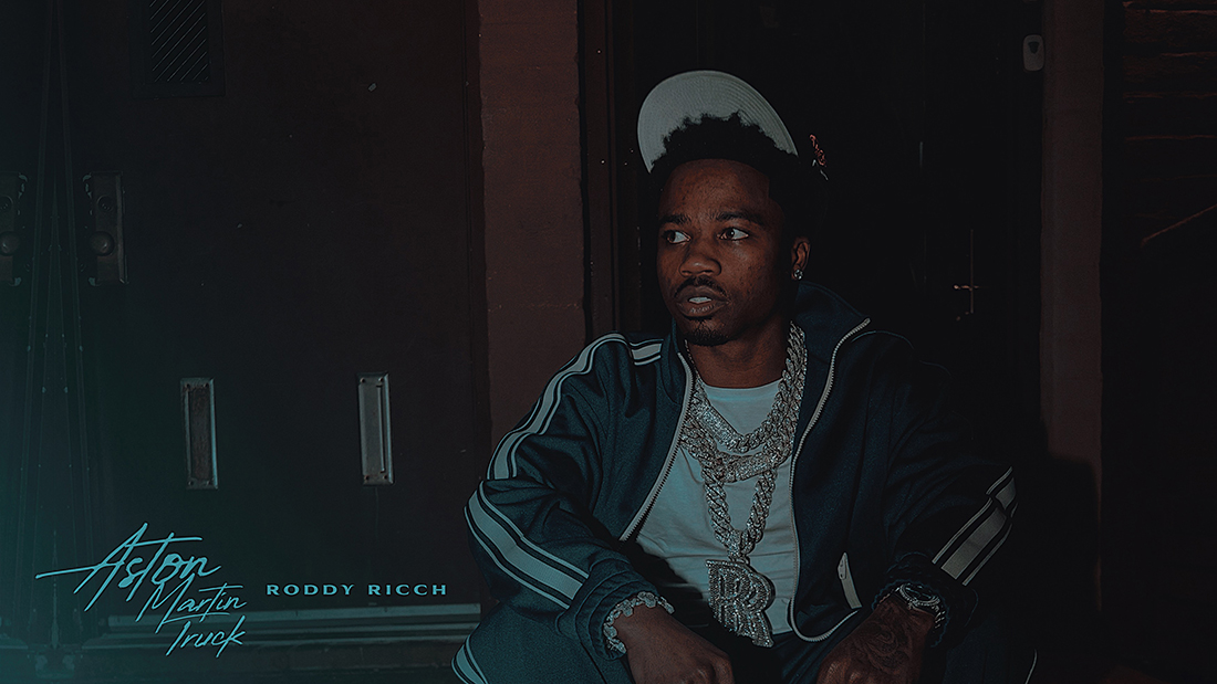 Roddy Ricch - Aston Martin Truck official artwork - Roddy sits on stairs. 
